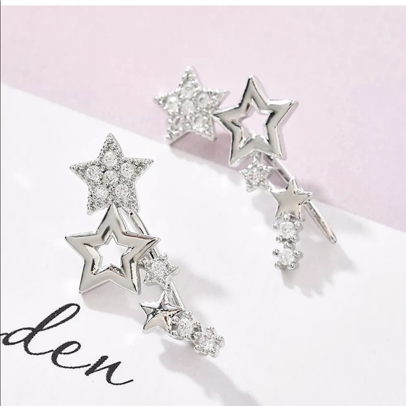 Silver Diamond Star Ear Climbers - Picture 3 of 5